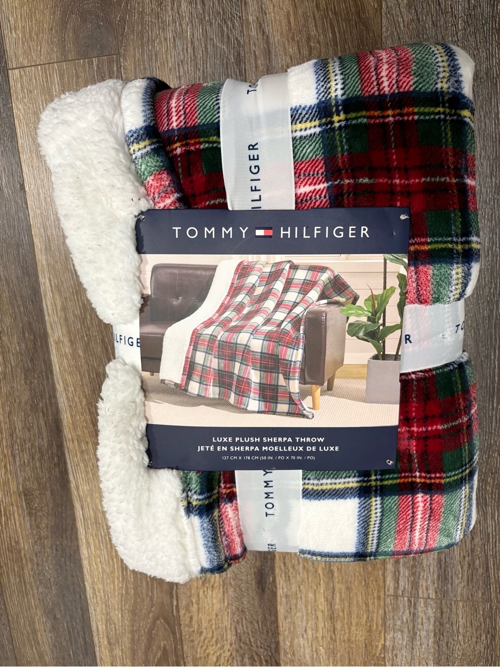 Tommy Hilfiger Luxe Plush Sherpa Throw Blanket: Red & Green Plaid / 50″ X 70″